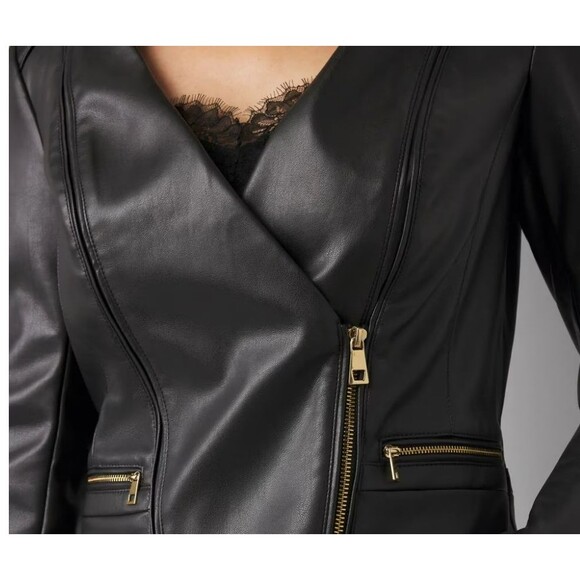 White House Black Market Faux Leather Jacket Black Size 10 570378602 - Picture 3 of 14